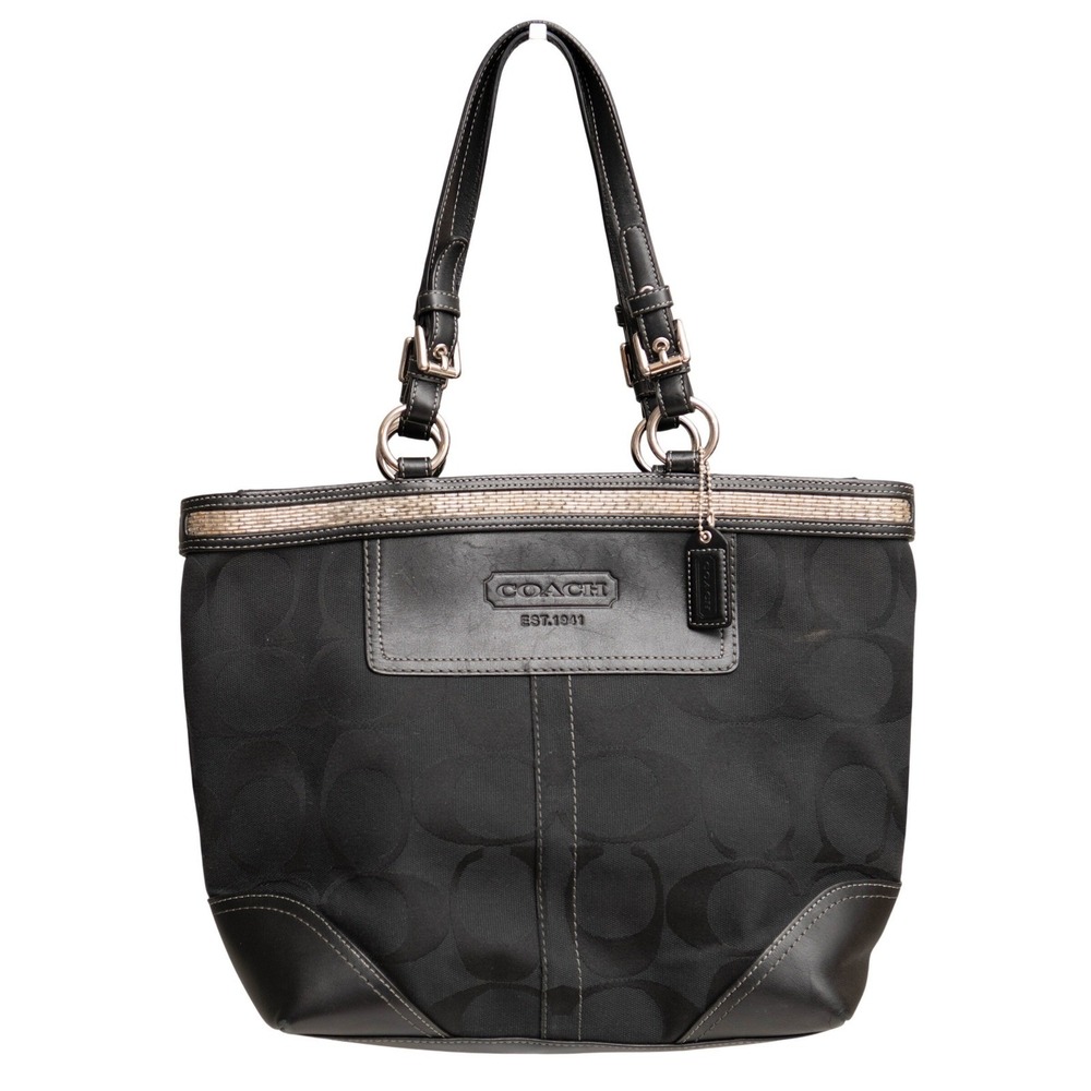Vintage COACH Monogram Black Canvas Leather Beaded Trim Y2K Black Shoulder Bag